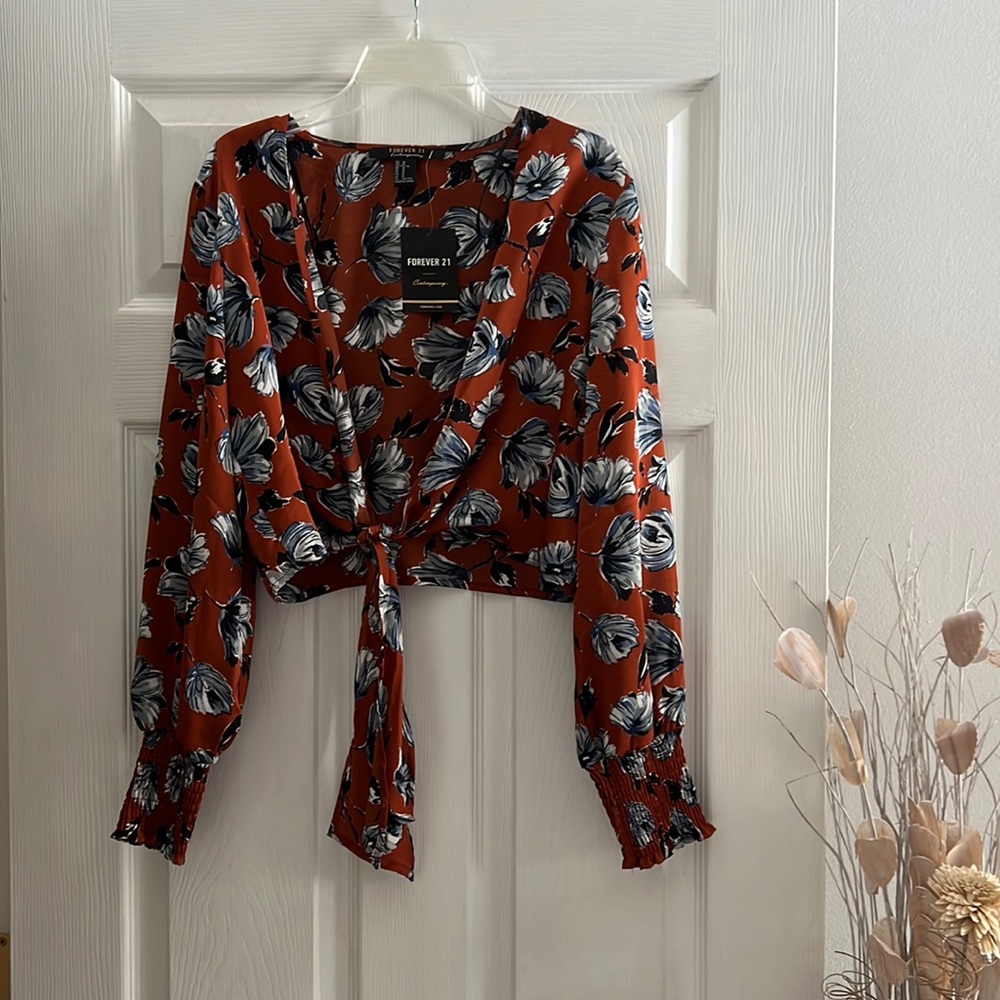 Floral Front-Tie Silk Crop Top - Size M